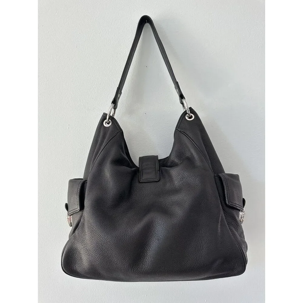 Michael Kors Black Pebbled Leather Hobo Shoulder Bag Silver Hardware MK Charm